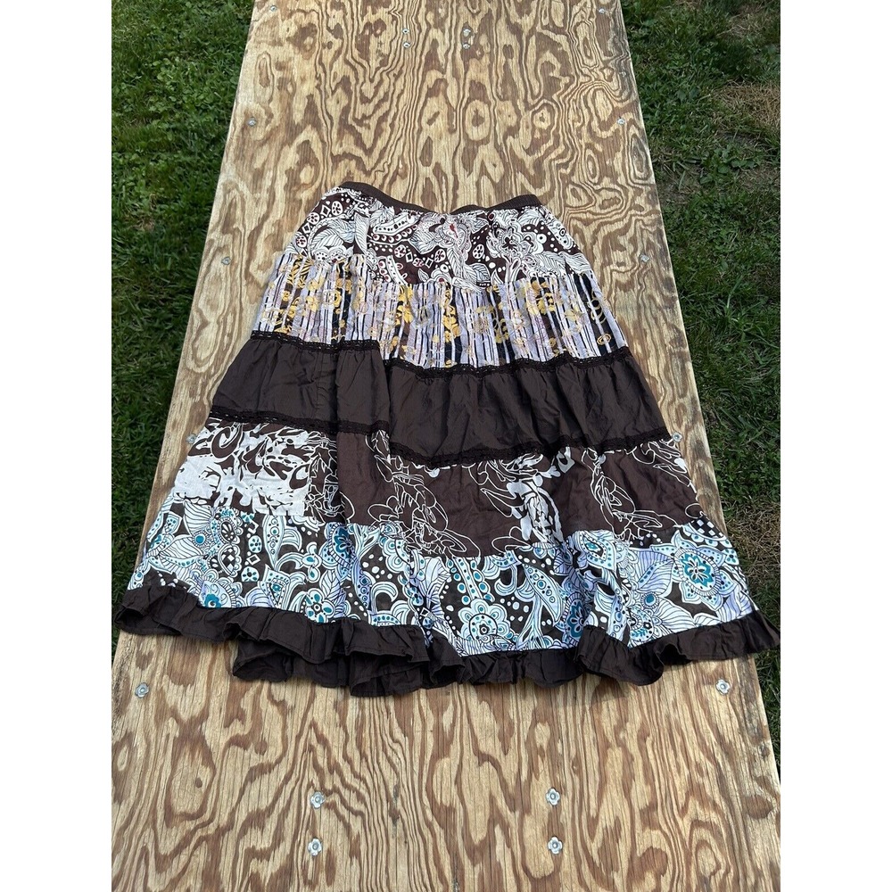 Magic Y2k Fairy Maxi‎ Skirt Size Medium Peasant Brown White Yellow Floral Spring